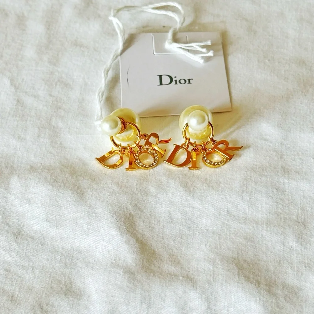 Dior Gold-Tone Faux Pearl & Crystal “DIOR” Charm Clip-On Earrings - Picture 5 of 7